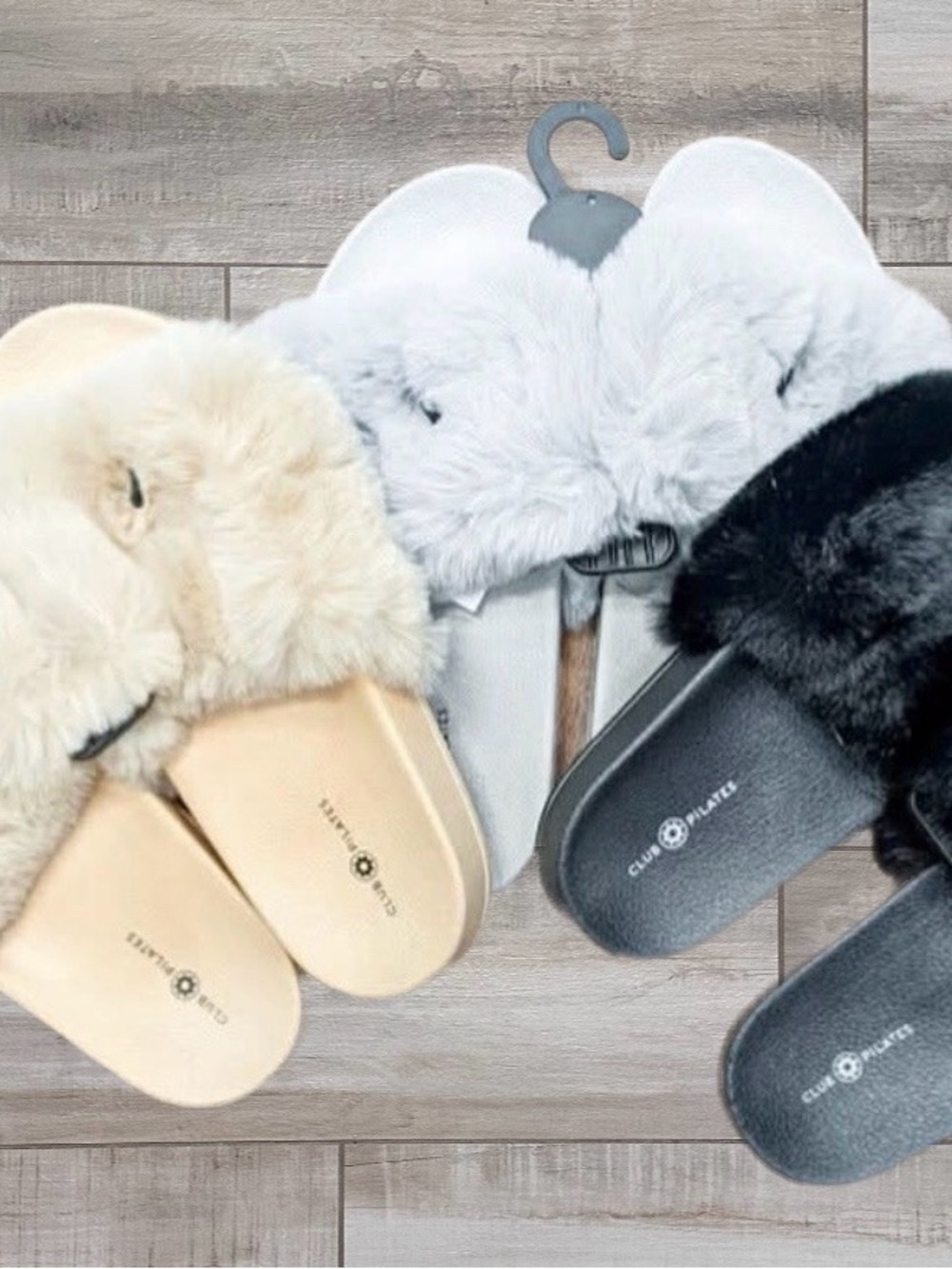 Club Pilates Fuzzy Slide Sandals in Beige only.